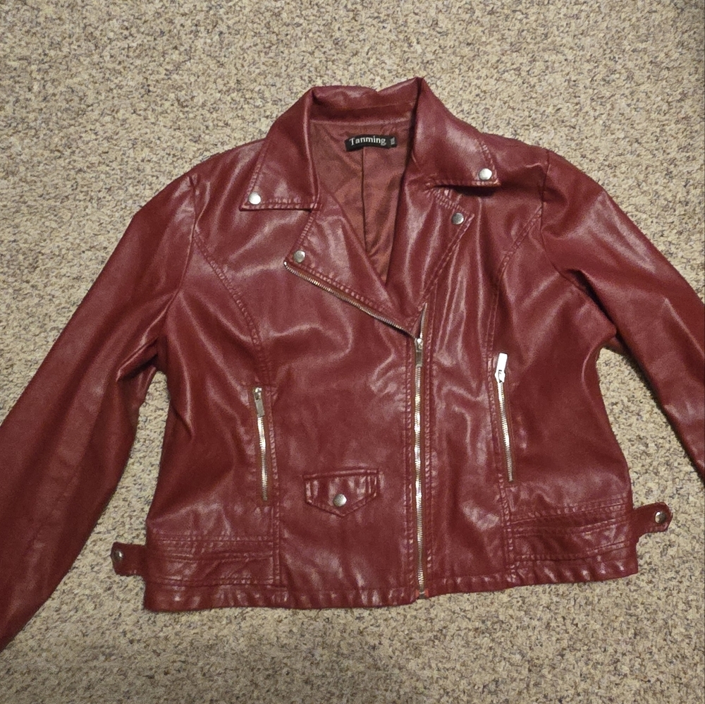 Cropped Red Vegan Leather Jacket for Women